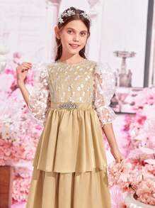 SHEIN Girls Floral Mesh Flounce Sleeve Layer Hem Dress - Multicolor - View 3