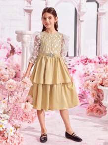 SHEIN Girls Floral Mesh Flounce Sleeve Layer Hem Dress - Multicolor - View 7