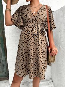 SHEIN 孕婦滿版印花蝴蝶袖繫腰帶連衣裙 - 彩色 - 查看 1