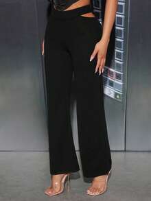 SHEIN PETITE Cut Out Waist Flare Leg Pants - Black - View 3