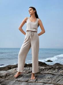 Leisure Natural Linen Comfy & Breathable Khaki Front Pocket Tank Top