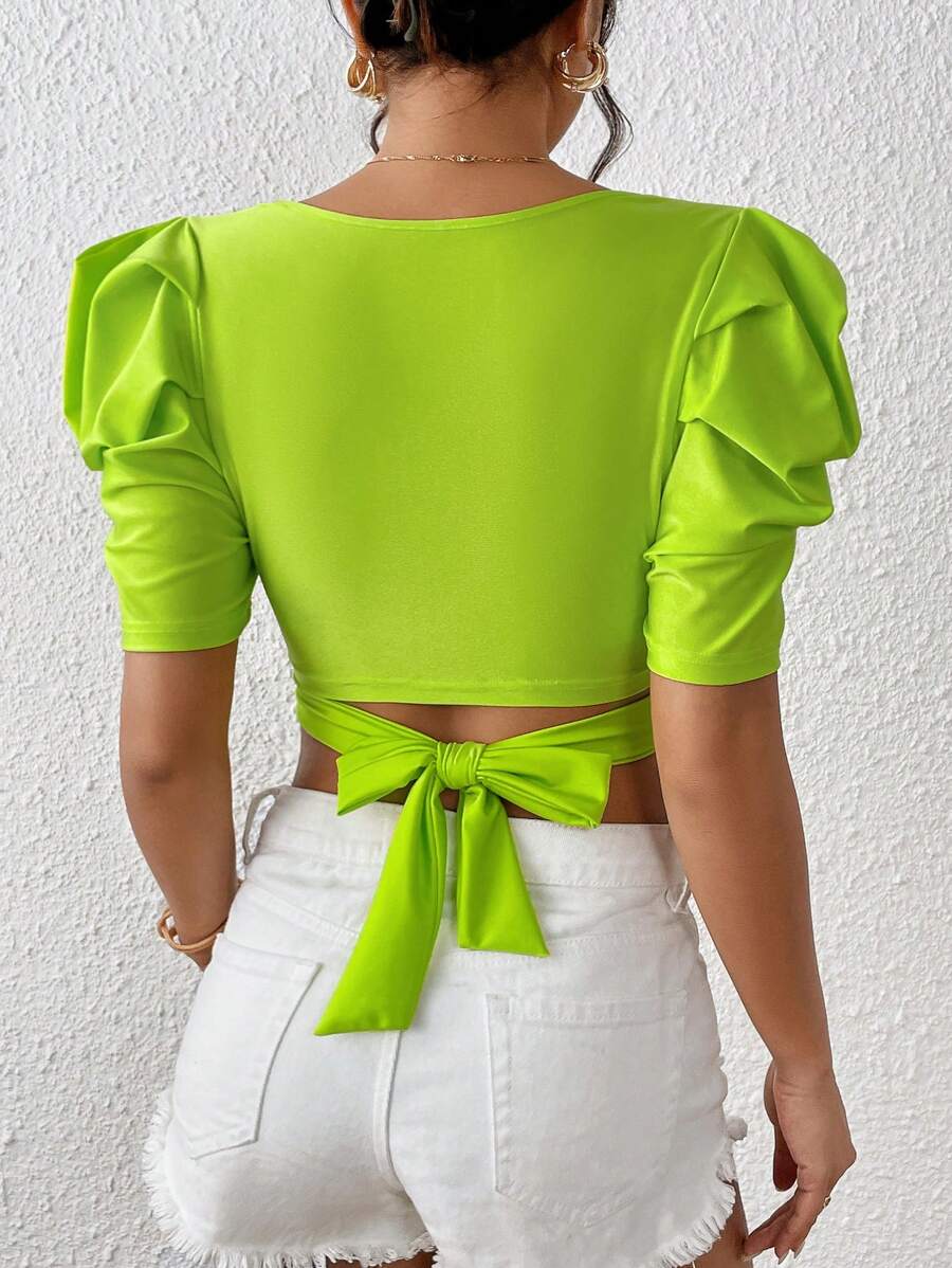 SHEIN Privé 前扭結泡泡袖短款上衣 - 青檸色 - 查看 1