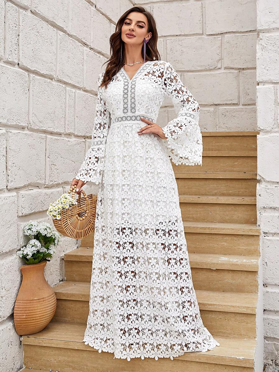 Guipure Lace Flounce Sleeve Dress - White - View 1