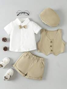 男嬰前蝴蝶結襯衫和夾克背心和短褲和帽