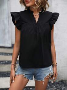 SHEIN Privé 後紐扣荷葉邊小高領襯衫 - 黑色 - 查看 5