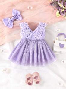 Baby Guipure Lace Appliques Mesh Overlay Dress - Purple - View 2
