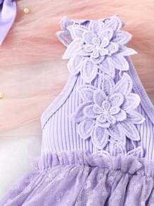 Baby Guipure Lace Appliques Mesh Overlay Dress - Purple - View 3
