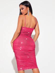 SHEIN SXY 褶邊亮片緊身連衣裙 - 玫紅色 - 查看 4
