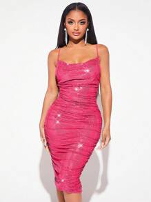 SHEIN SXY 褶邊亮片緊身連衣裙 - 玫紅色 - 查看 5