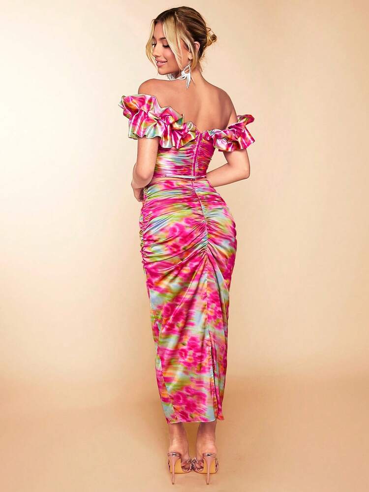 Tie Dye Print Ruched Bodycon Skirt