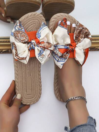 Women Bow Decor Slide Sandals, Vacation Summer Faux Suede Flat Sandals Valentines