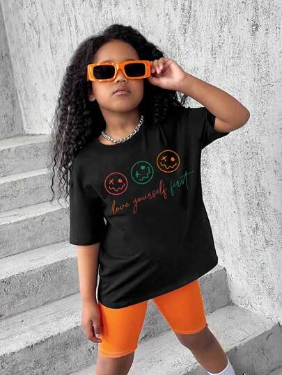 SHEIN 年輕女孩標語圖案t恤和單車褲組合