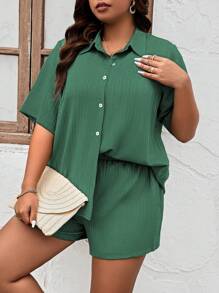 SHEIN LUNE Bộ thời trang Plus Size Nút phía trước màu trơn Giải trí - xanh quân đội - Xem 4
