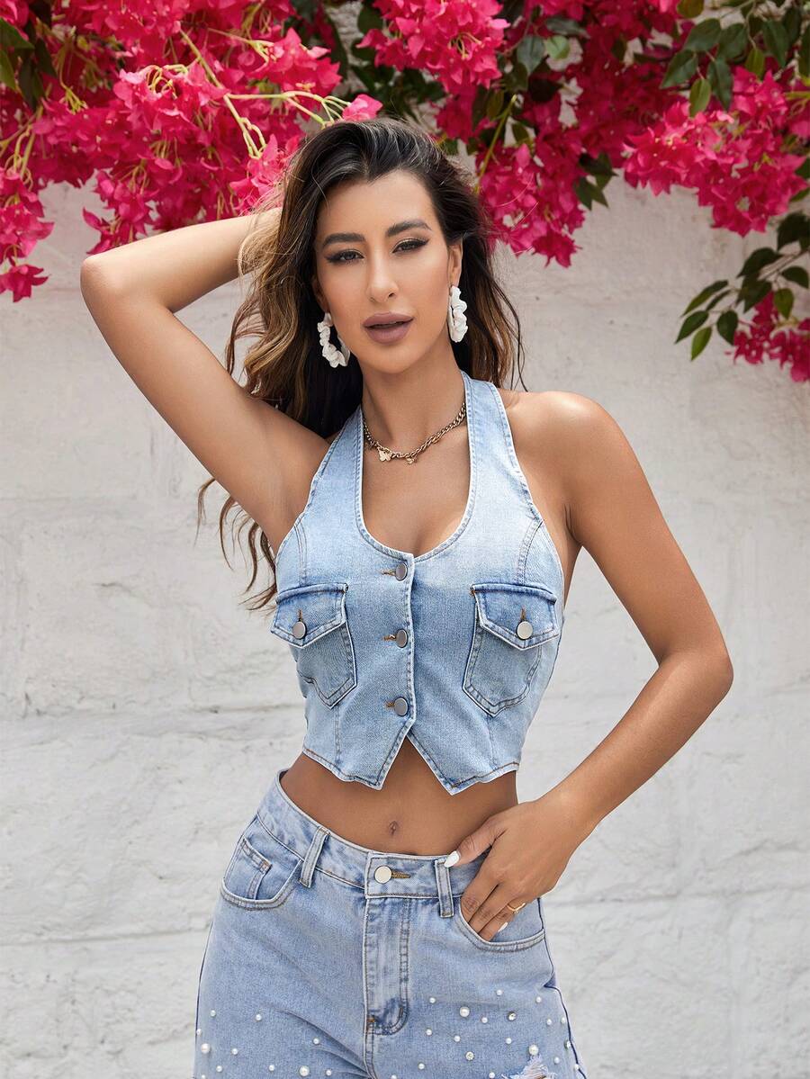 Flap Pocket Backless Halter Neck Denim Vest - Light Wash - View 1
