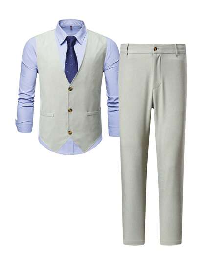 Manfinity Mode Men 1pc Button Front Vest Blazer & 1pc Suit Pants