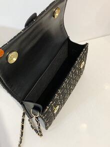 迷你方包格紋圖案翻蓋鏈條帶,完美適合夏天海灘旅行度假 - 黑色 - 查看 4