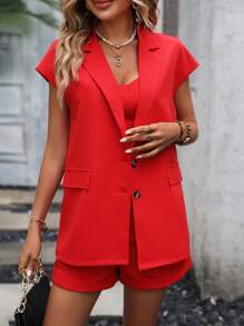SHEIN Privé 素色吊帶背心和短褲和前紐扣西裝外套 - 紅色 - 查看 3