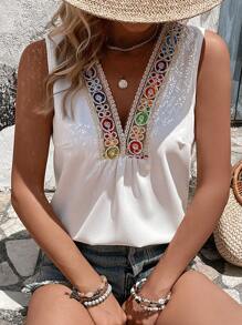 SHEIN LUNE Contrast Guipure Lace Sleeveless Blouse - White - View 1