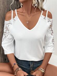EMERY ROSE Contrast Lace Cold Shoulder Tee