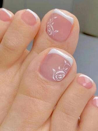 轉換指甲片帶24入組短方形花卉圖案全覆蓋假腳趾甲套裝