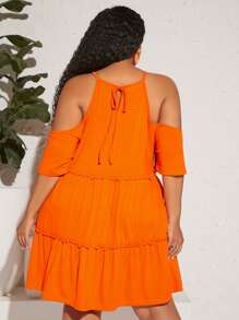 SHEIN CURVE+ 大碼挖肩拼接水溶蕾絲褶邊荷葉邊連衣裙 - 橘色 - 查看 2