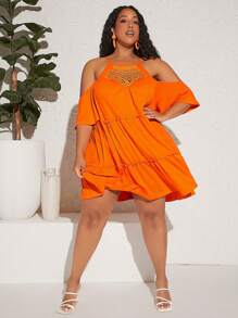 SHEIN CURVE+ 大碼挖肩拼接水溶蕾絲褶邊荷葉邊連衣裙 - 橘色 - 查看 4