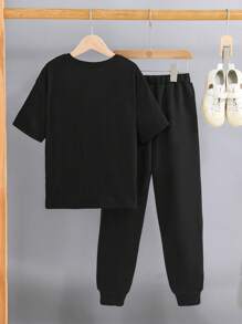 SHEIN 男孩字母圖案T恤和運動褲 - 黑色 - 查看 2