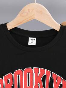 SHEIN 男孩字母圖案T恤和運動褲 - 黑色 - 查看 3