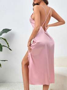 Váy ngủ & áo ngủ Nữ Lộ Lưng Tương phản ren Tách cao màu trơn - Bụi hồng - Xem 2