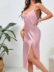 Váy ngủ & áo ngủ Nữ Lộ Lưng Tương phản ren Tách cao màu trơn - Bụi hồng - Xem 5