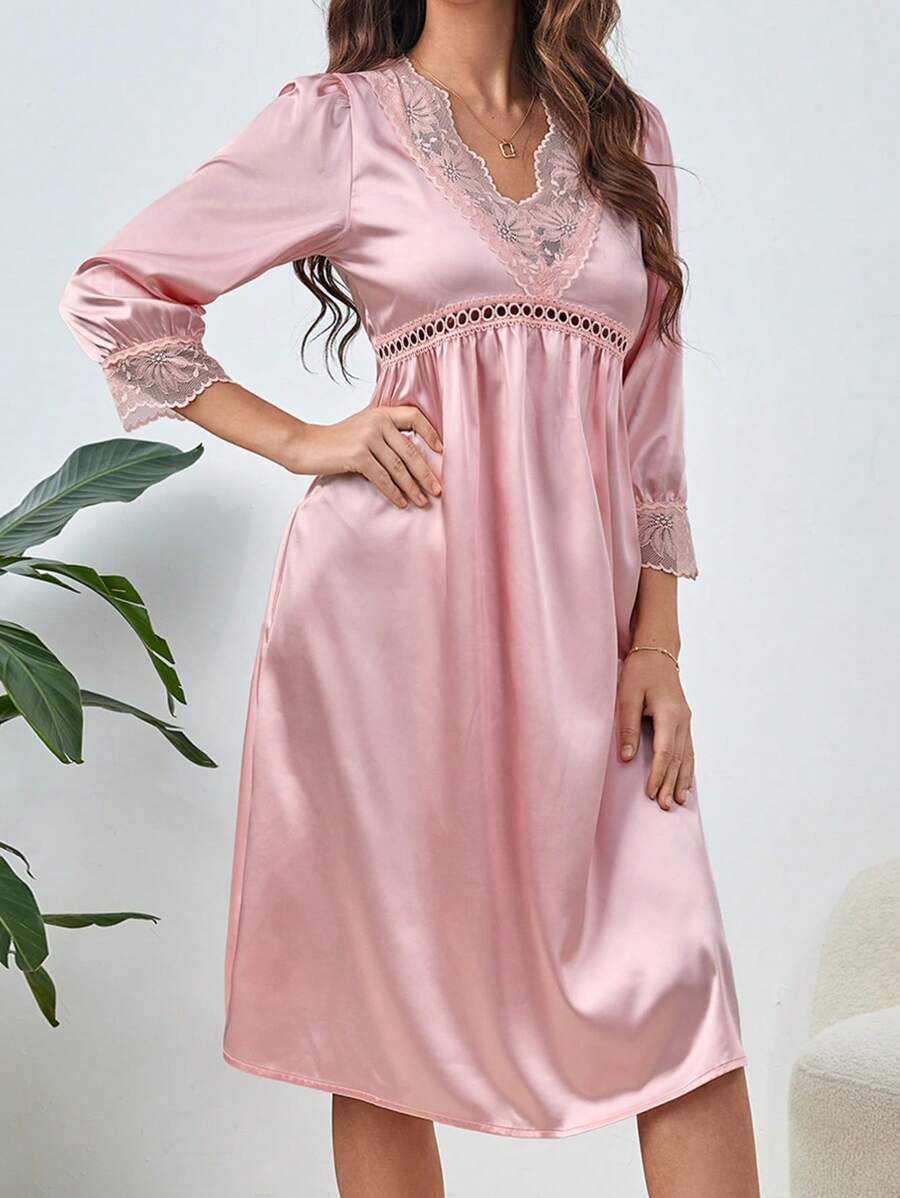 Váy ngủ & áo ngủ Nữ Tương phản ren màu trơn Thanh lịch - Màu Hồng baby - Xem 1