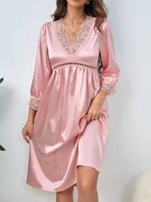 Váy ngủ & áo ngủ Nữ Tương phản ren màu trơn Thanh lịch - Màu Hồng baby - Xem 3