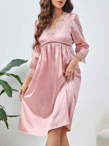 Váy ngủ & áo ngủ Nữ Tương phản ren màu trơn Thanh lịch - Màu Hồng baby - Xem 5