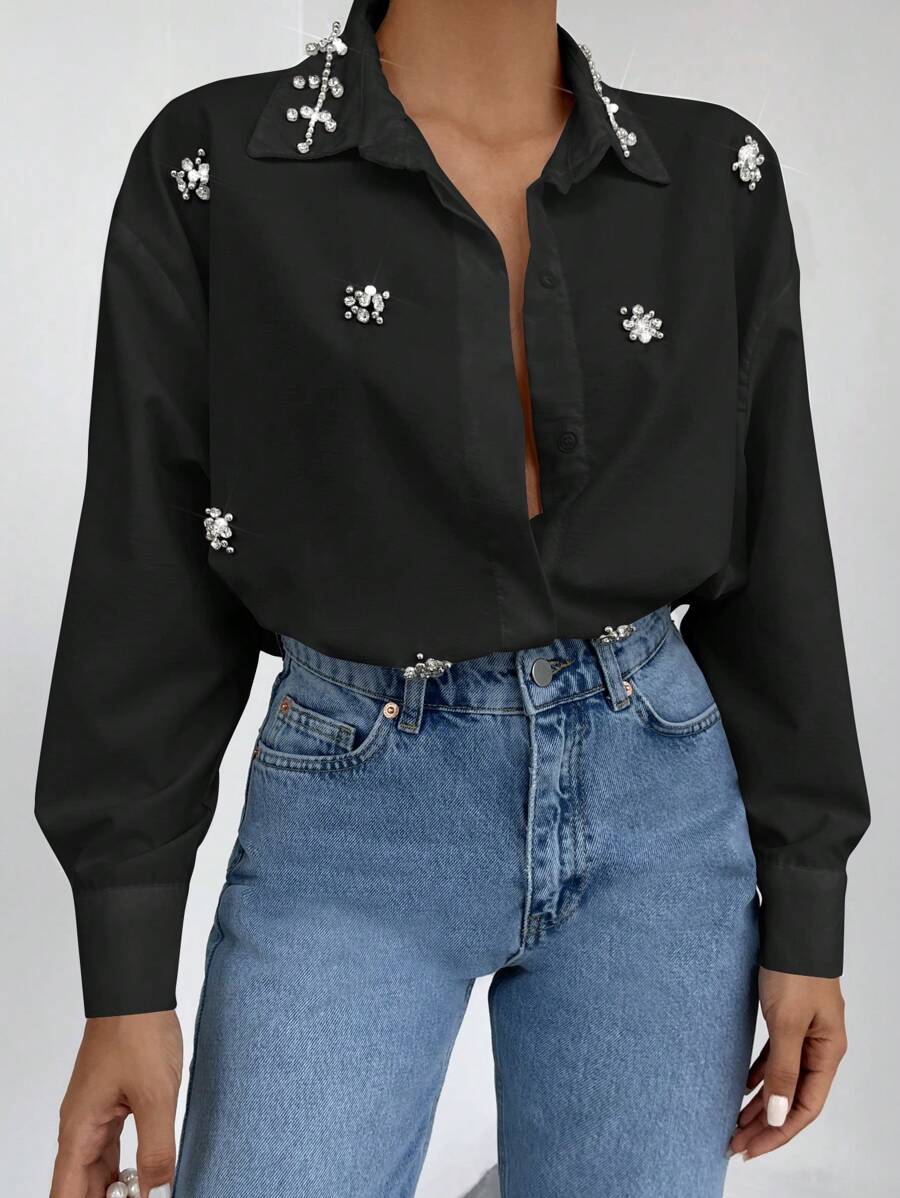 RueChic Rhinestone Detail Button Up Shirt - Black - View 1