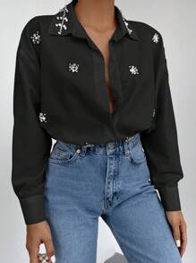 RueChic Rhinestone Detail Button Up Shirt - Black - View 4
