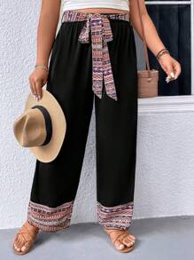 SHEIN Holidaya 大碼腰帶闊腿褲 - 黑色 - 查看 1