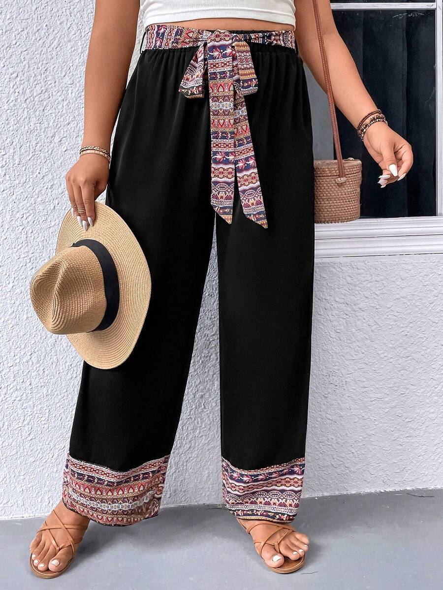 SHEIN Holidaya 大碼腰帶闊腿褲 - 黑色 - 查看 1