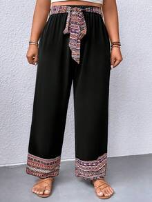 SHEIN Holidaya 大碼腰帶闊腿褲 - 黑色 - 查看 3