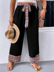 SHEIN Holidaya 大碼腰帶闊腿褲 - 黑色 - 查看 5