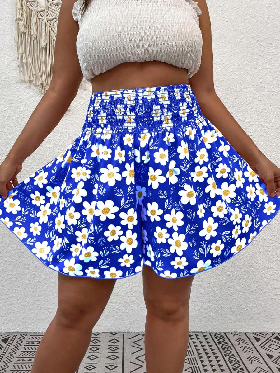 SHEIN SunnyBelle Plus Floral Print Wide Leg Shorts - Royal Blue - View 1
