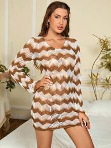 PARTHEA Ladies áo len váy Lộ Lưng Buộc lại In chữ V Gợi cảm - màu nâu - Xem 1