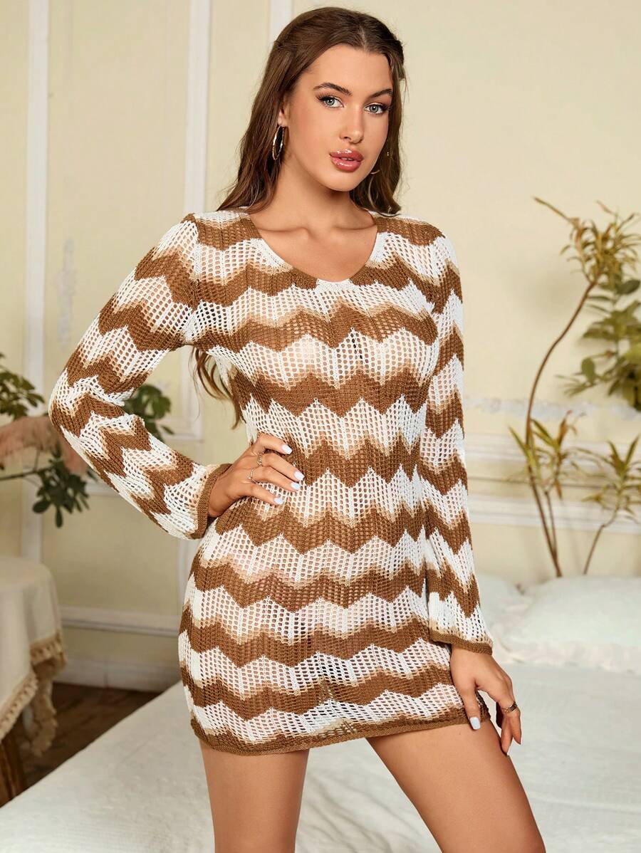 PARTHEA Ladies áo len váy Lộ Lưng Buộc lại In chữ V Gợi cảm - màu nâu - Xem 1