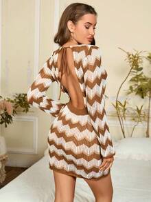 PARTHEA Ladies áo len váy Lộ Lưng Buộc lại In chữ V Gợi cảm - màu nâu - Xem 2