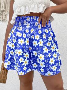 SHEIN SunnyBelle Plus Floral Print Wide Leg Shorts - Royal Blue - View 3