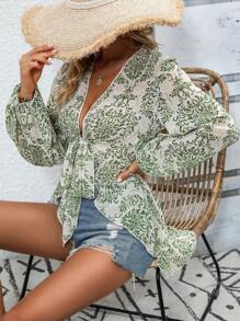 SHEIN Swim All Over Print Tie Front Kimono, For Summer Beach Vacation - Green - View 4