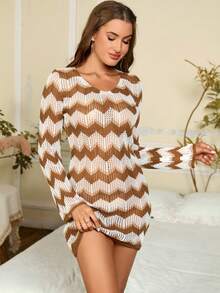 PARTHEA Ladies áo len váy Lộ Lưng Buộc lại In chữ V Gợi cảm - màu nâu - Xem 5