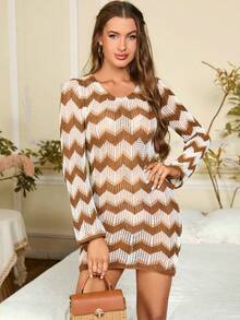 PARTHEA Ladies áo len váy Lộ Lưng Buộc lại In chữ V Gợi cảm - màu nâu - Xem 8