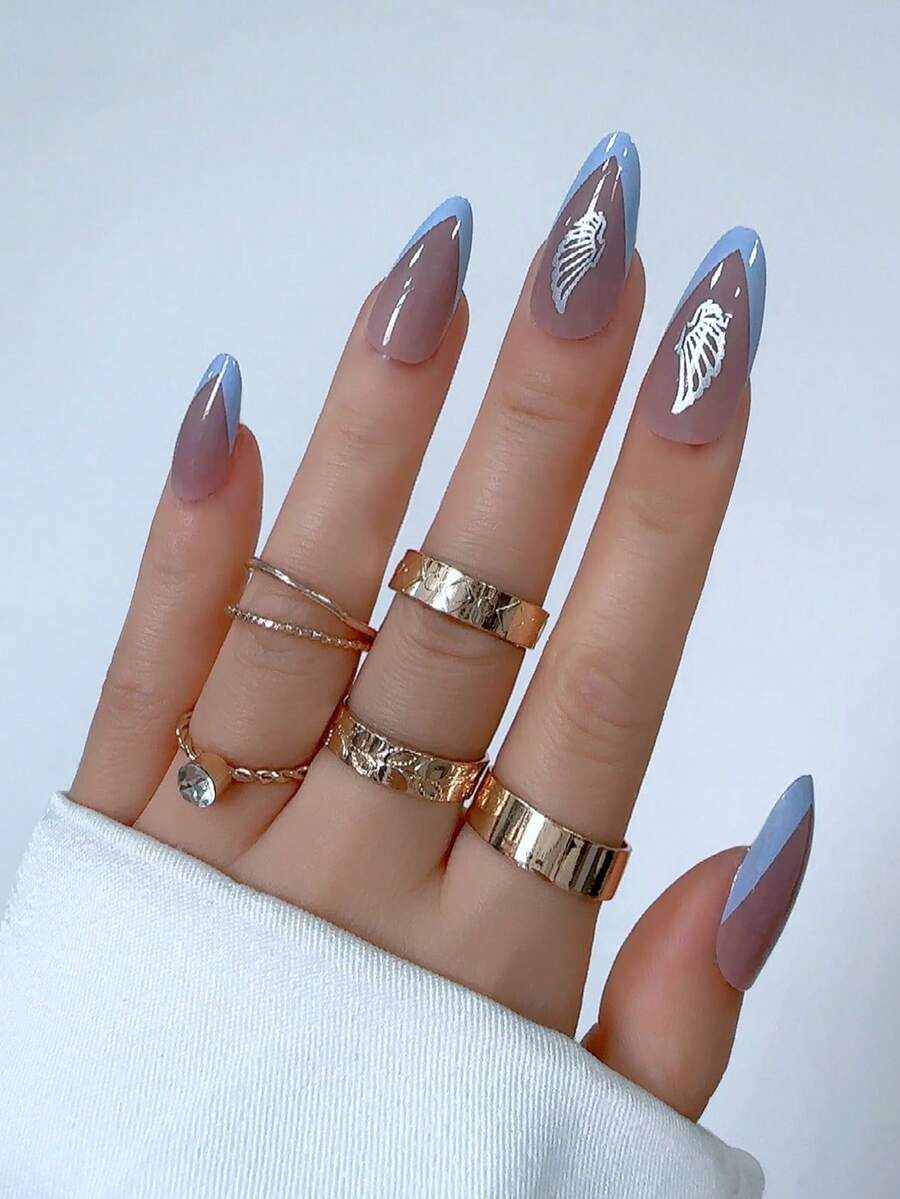 Transform Your Nails With 24pcs Long Almond Wings Pattern Full Cover Fake Nail Set - Multicolor - View 1