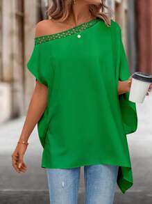 SHEIN LUNE Asymmetrical Neck Batwing Sleeve Blouse - Green - View 6