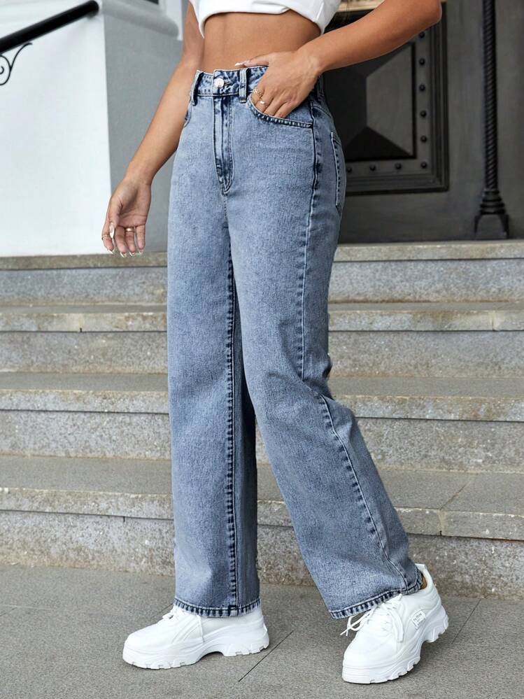 SHEIN ICON 腰ポケット ストレートレッグジーンズ - ミディアムウォッシュ - 見る 5